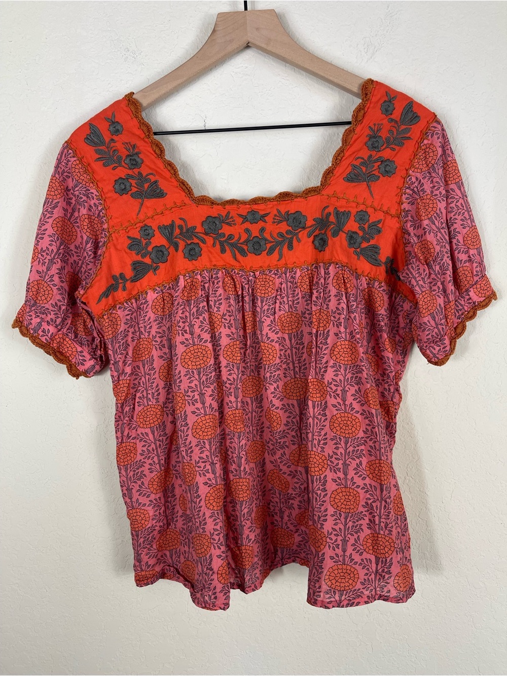 Sister Mary Embroidered Block Print Floral Babydoll Top Size XS